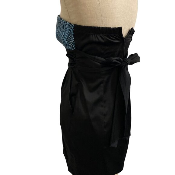 Ruby Rox Strapless Black Satin Mini Dress W/ Blue Sequins Bust & Bow Detail - Picture 6 of 8